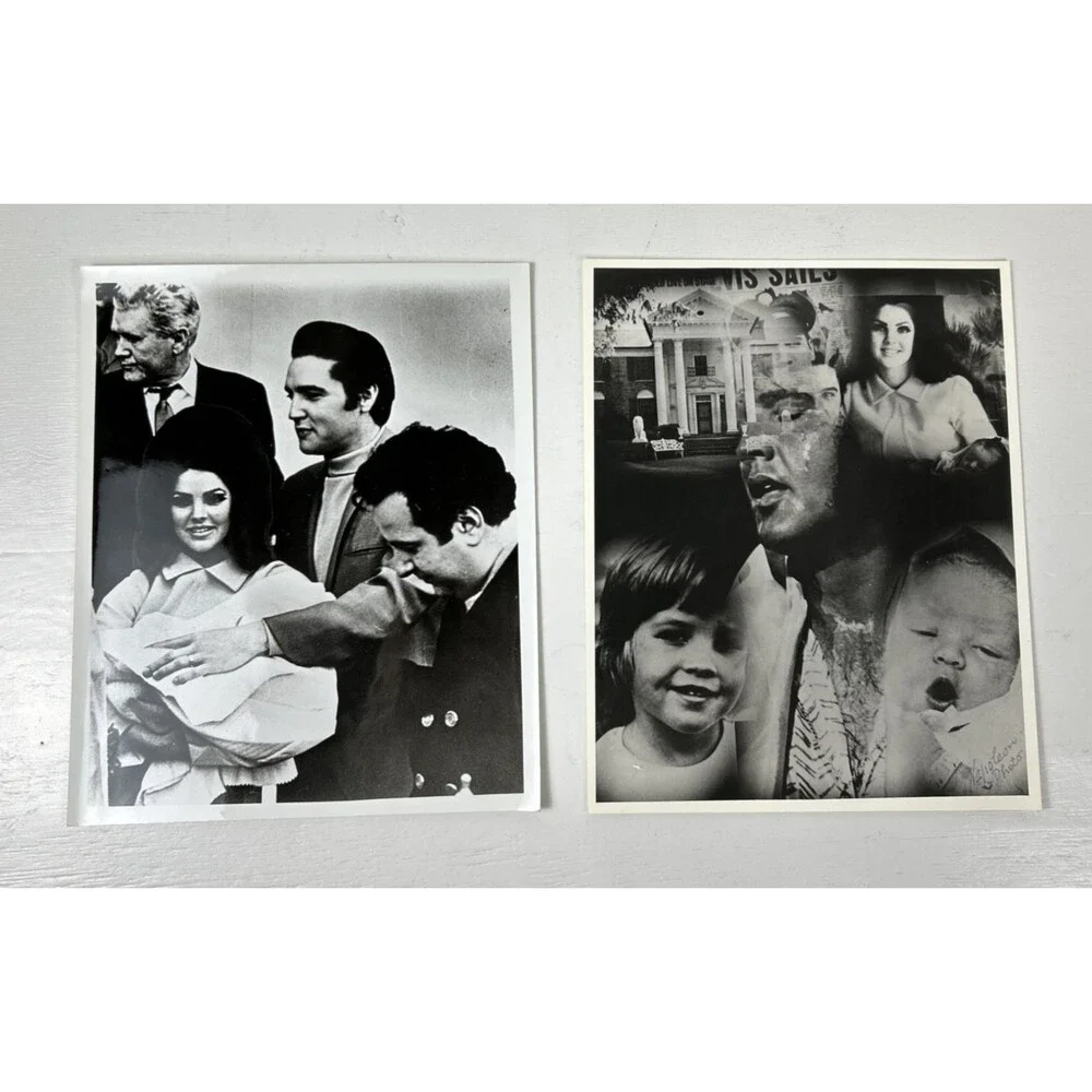 VTG Elvis Presley Family Photo Lot (2) B&W Glossy Prints Priscilla Lisa Marie